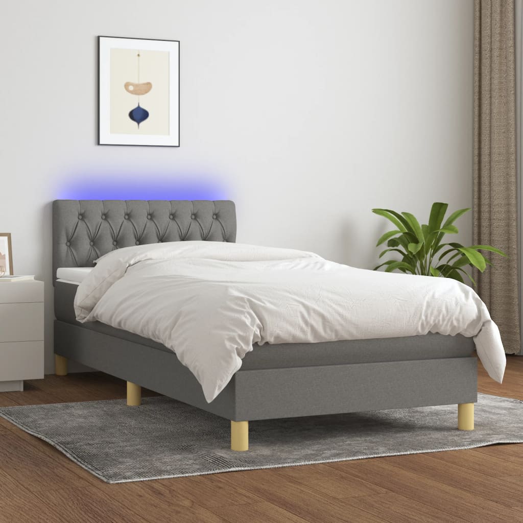 vidaXL Posteľ boxsping s matracom a LED tmavosivá 90x190 cm látka