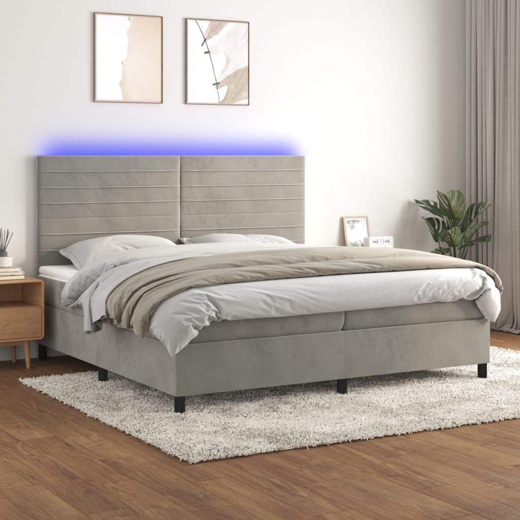 vidaXL Posteľ boxsping s matracom a LED bledosivá 200x200 cm zamat