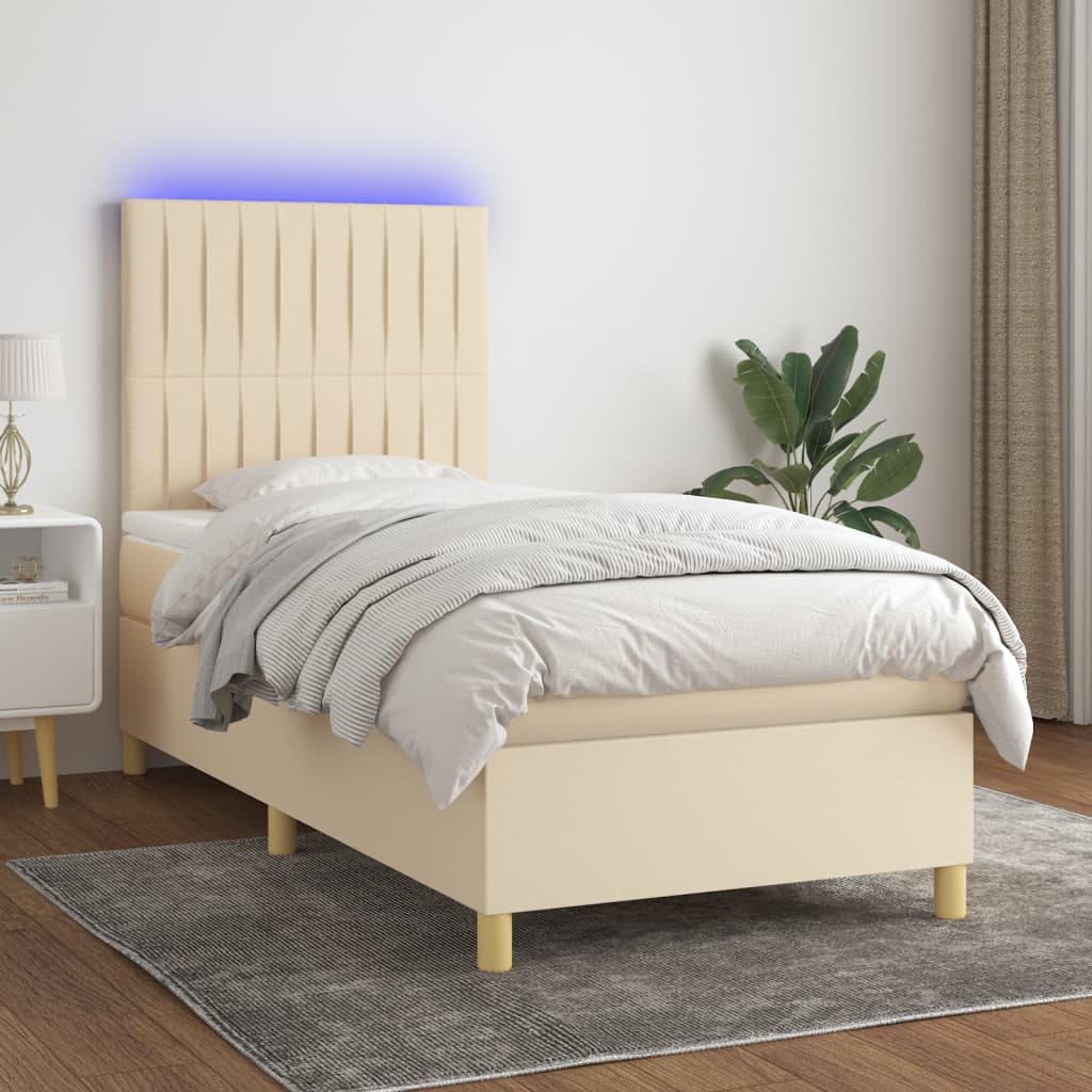 vidaXL Posteľ boxsping s matracom a LED krémová 90x200 cm látka