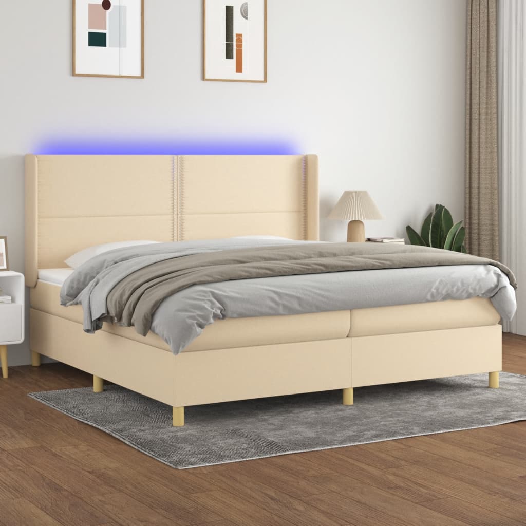 vidaXL Posteľ boxsping s matracom a LED krémová 200x200 cm látka