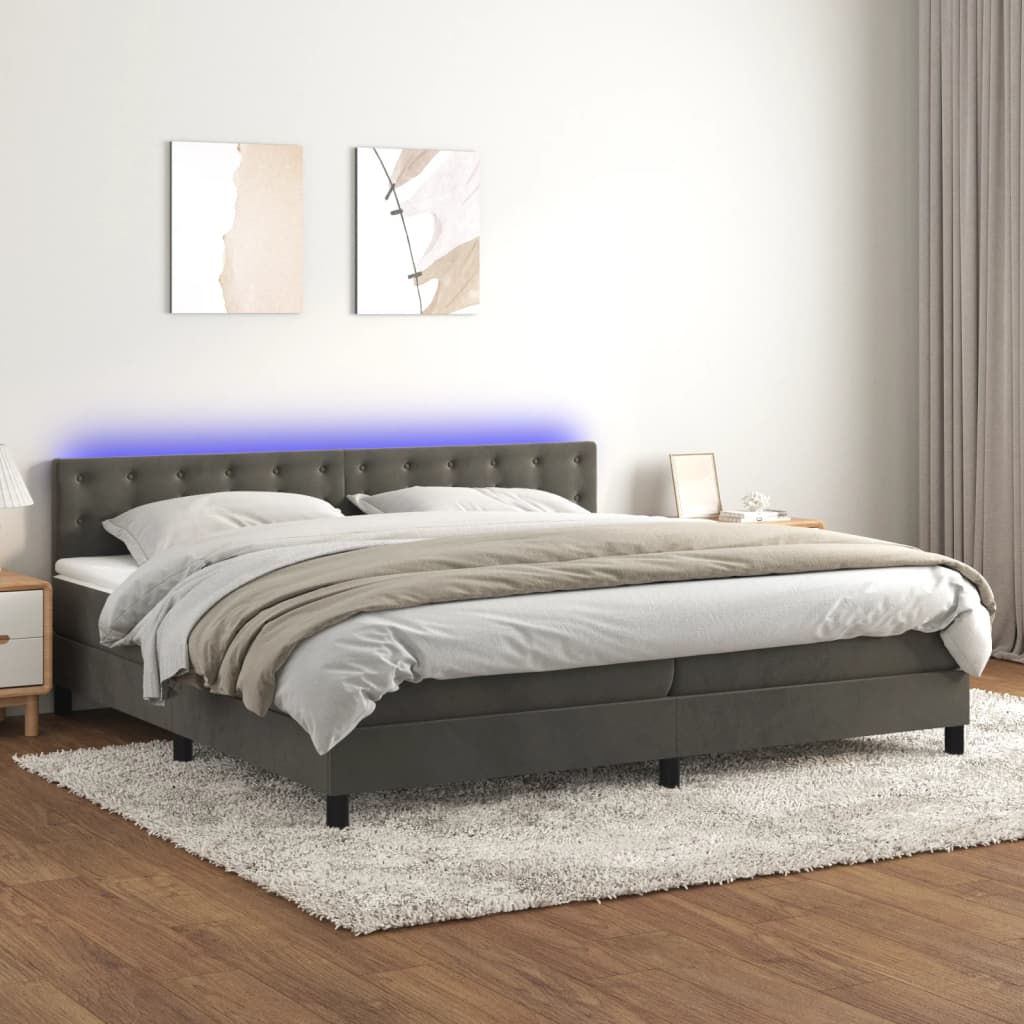 vidaXL Posteľ boxsping s matracom a LED tmavosivá 200x200 cm zamat