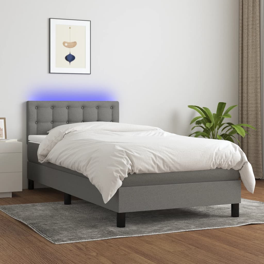 vidaXL Posteľ boxsping s matracom a LED tmavosivá 100x200 cm látka