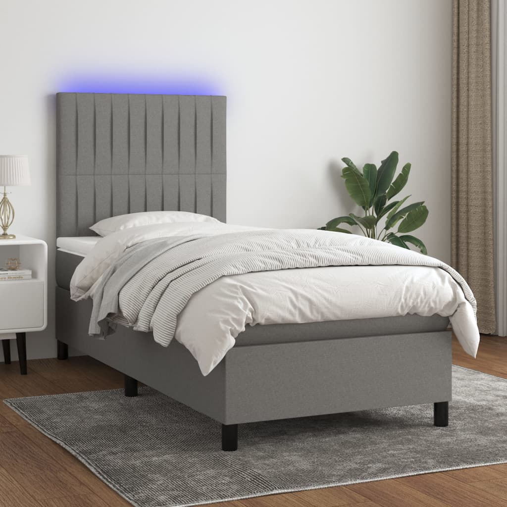 vidaXL Posteľ boxsping s matracom a LED tmavosivá 90x200 cm látka