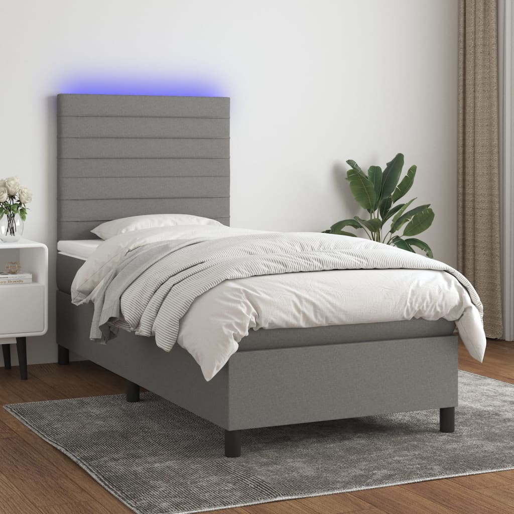 vidaXL Posteľ boxsping s matracom a LED tmavosivá 100x200 cm látka