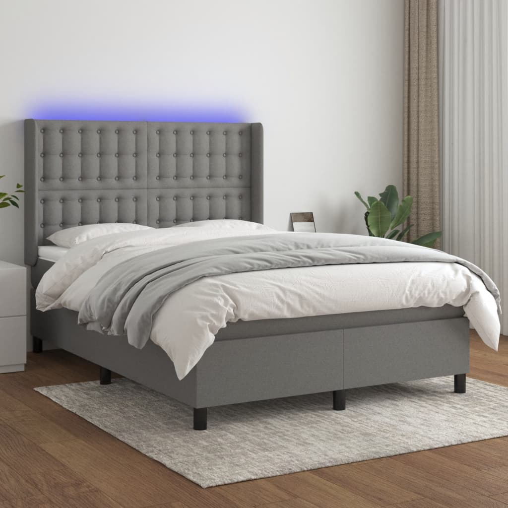 vidaXL Posteľ boxsping s matracom a LED tmavosivá 140x190 cm látka