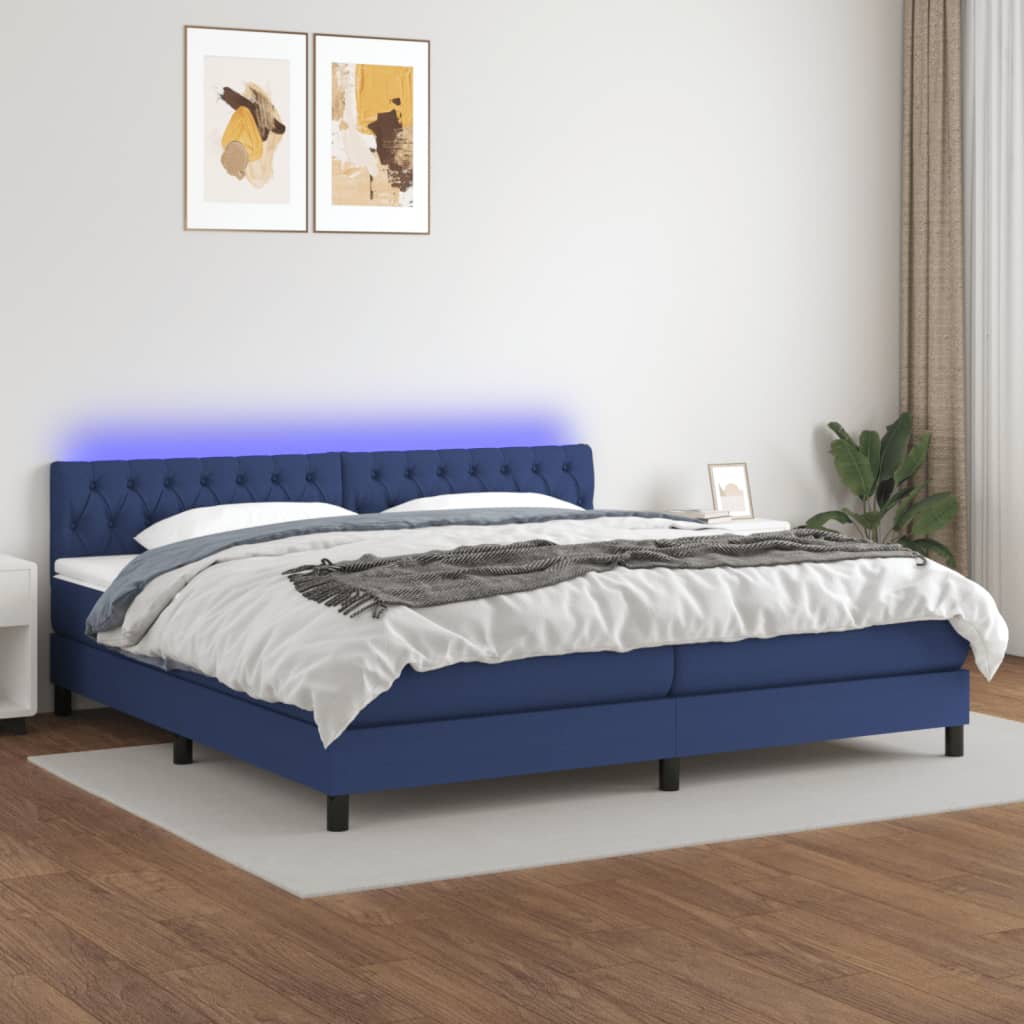 vidaXL Posteľ boxsping s matracom a LED modrá 200x200 cm látka