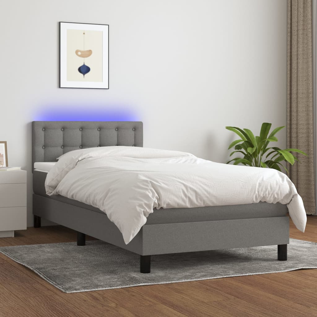 vidaXL Posteľ boxsping s matracom a LED tmavosivá 90x200 cm látka