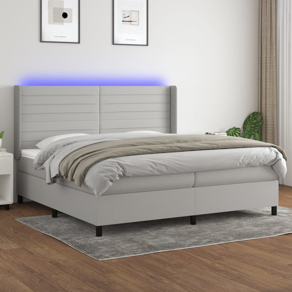 vidaXL Posteľ boxsping s matracom a LED bledosivá 200x200 cm látka