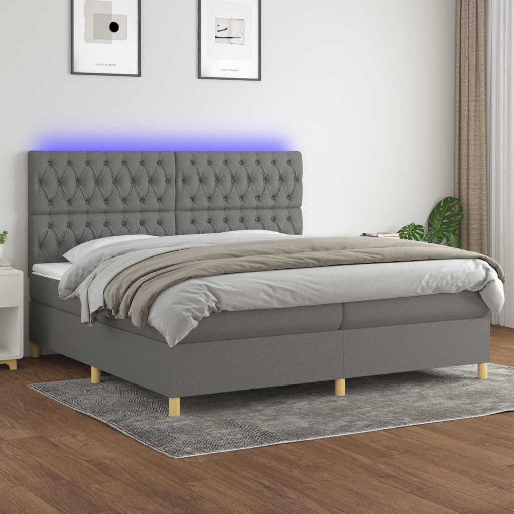 vidaXL Posteľ boxsping s matracom a LED tmavosivá 200x200 cm látka