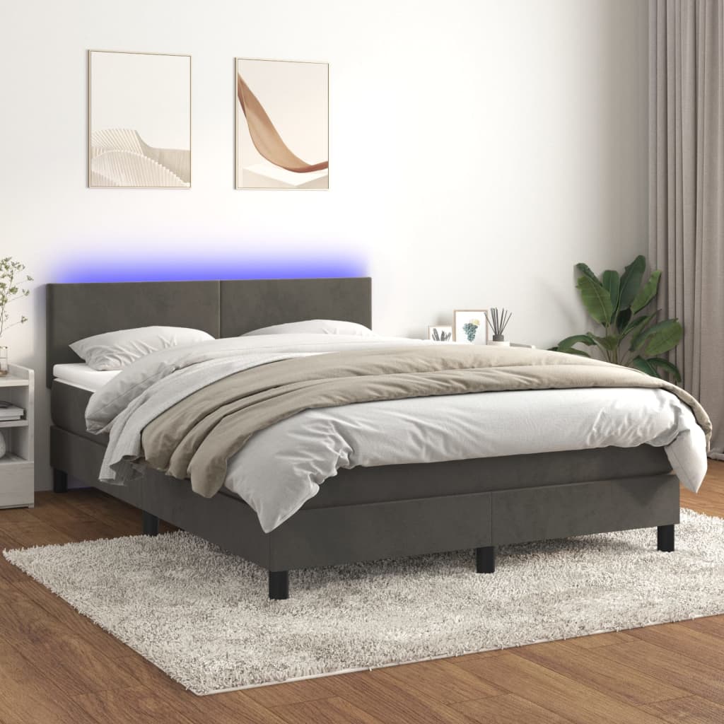 vidaXL Posteľ boxsping s matracom a LED tmavosivá 140x200 cm zamat