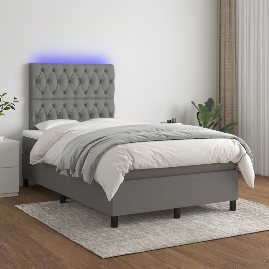 vidaXL Posteľ boxsping s matracom a LED tmavosivá 120x200 cm látka