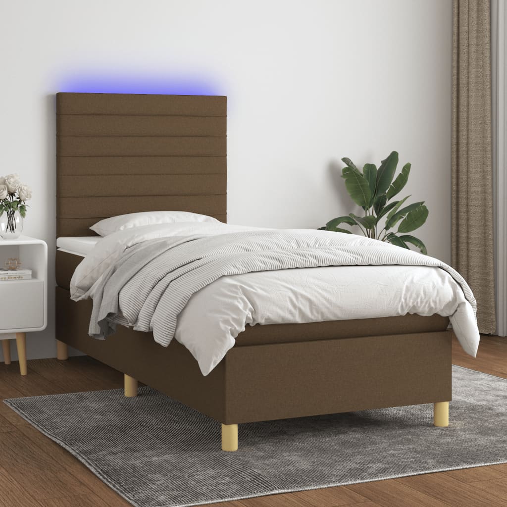 vidaXL Posteľ boxsping s matracom a LED tmavohnedá 100x200 cm látka