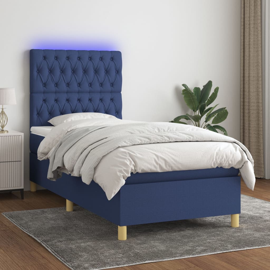 vidaXL Posteľ boxsping s matracom a LED modrá 90x200 cm látka