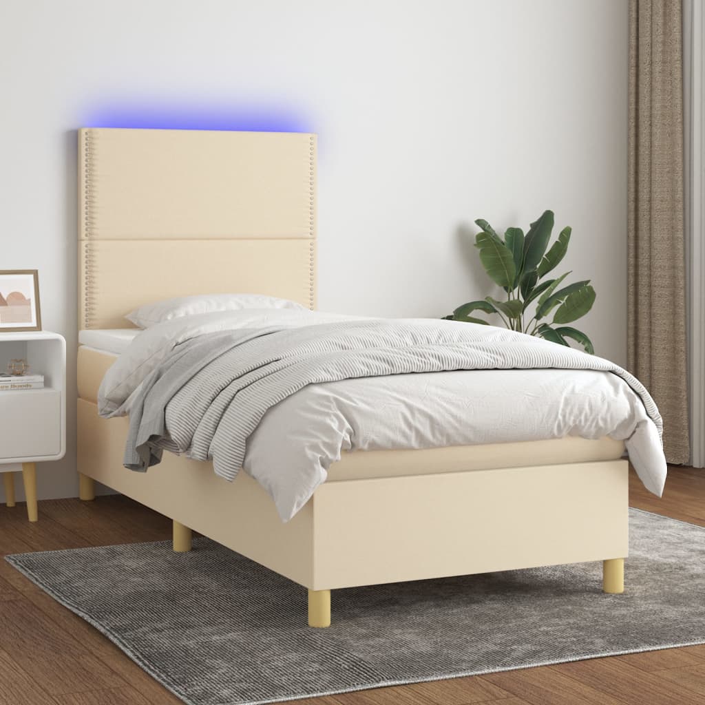 vidaXL Posteľ boxsping s matracom a LED krémová 100x200 cm látka