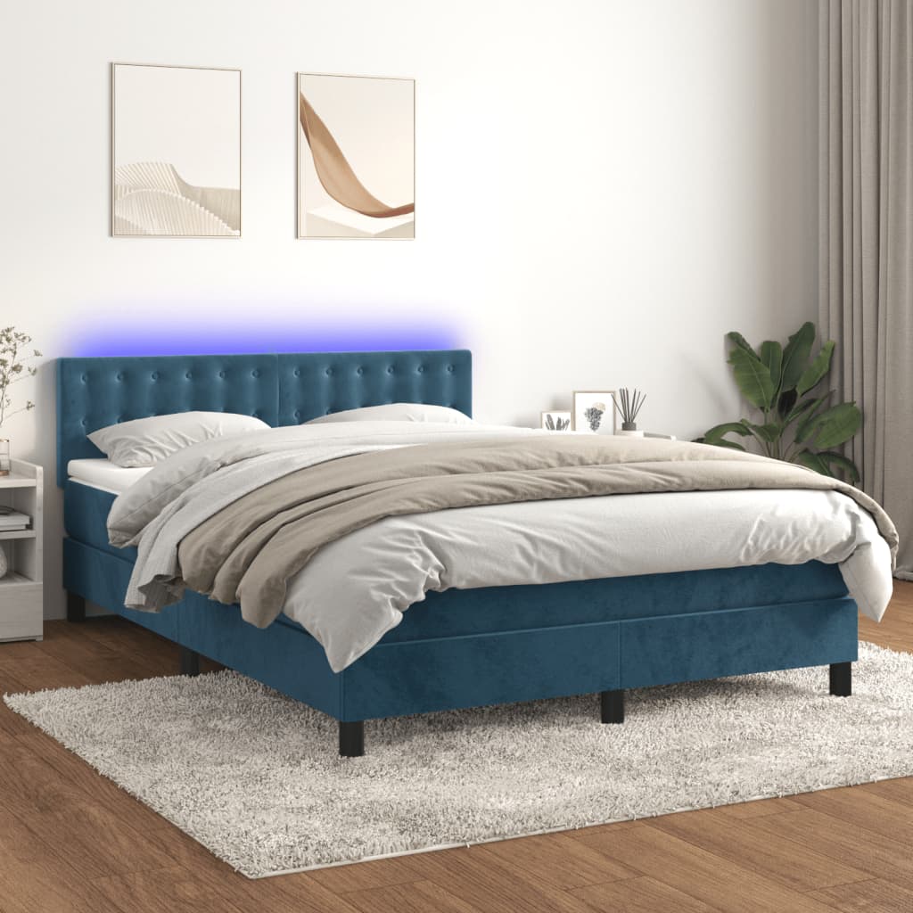 vidaXL Posteľný rám boxsping matrac a LED tmavomodrý 140x200 cm zamat