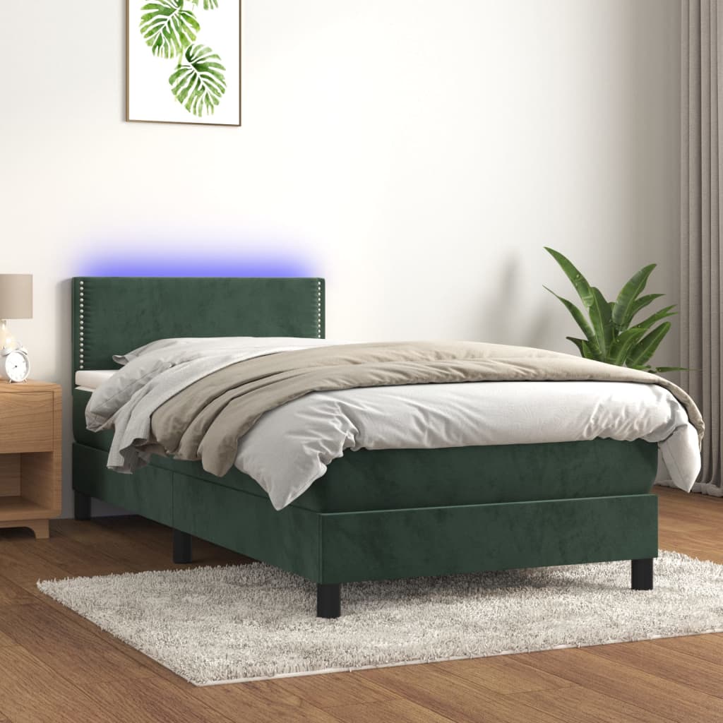 vidaXL Posteľný rám boxsping matrac a LED tmavozelený 100x200 cm zamat