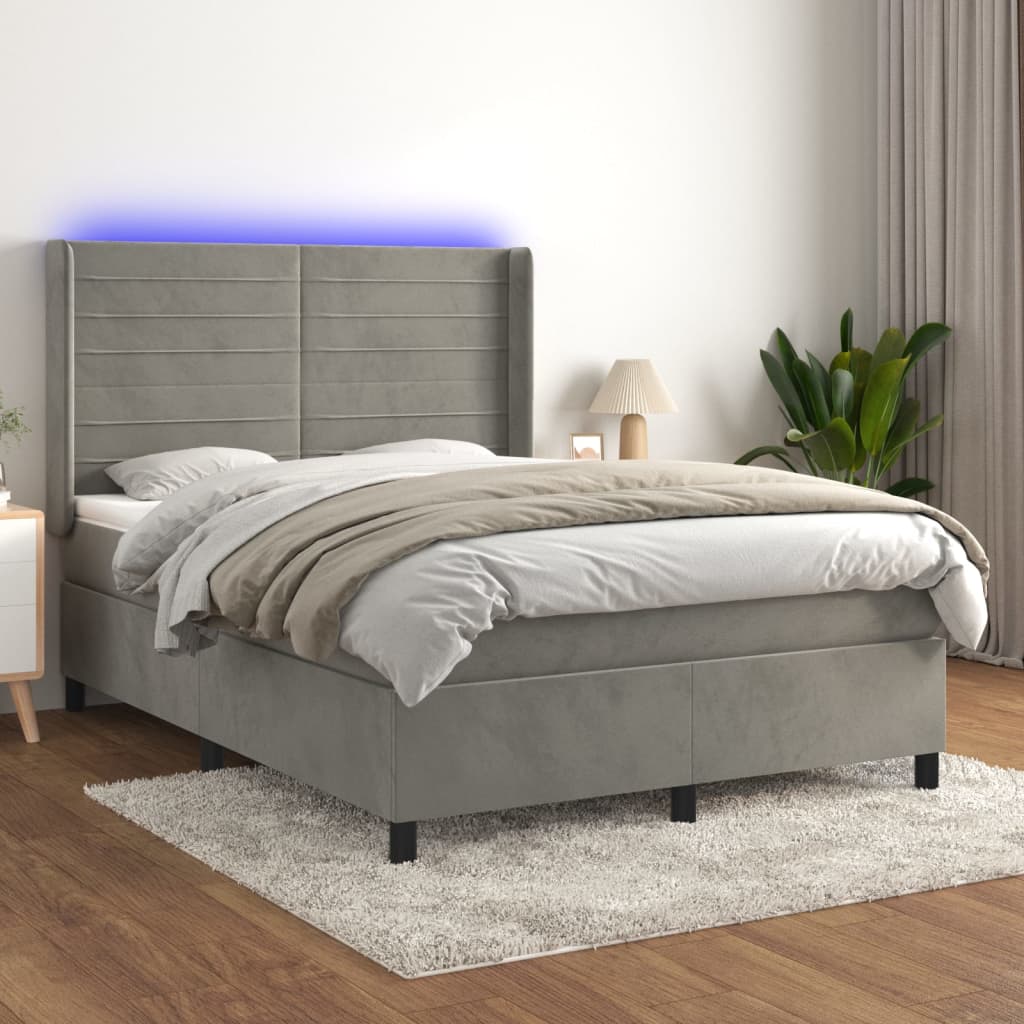 vidaXL Posteľ boxsping s matracom a LED bledosivá 140x190 cm zamat