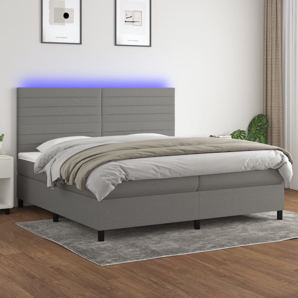vidaXL Posteľ boxsping s matracom a LED tmavosivá 200x200 cm látka