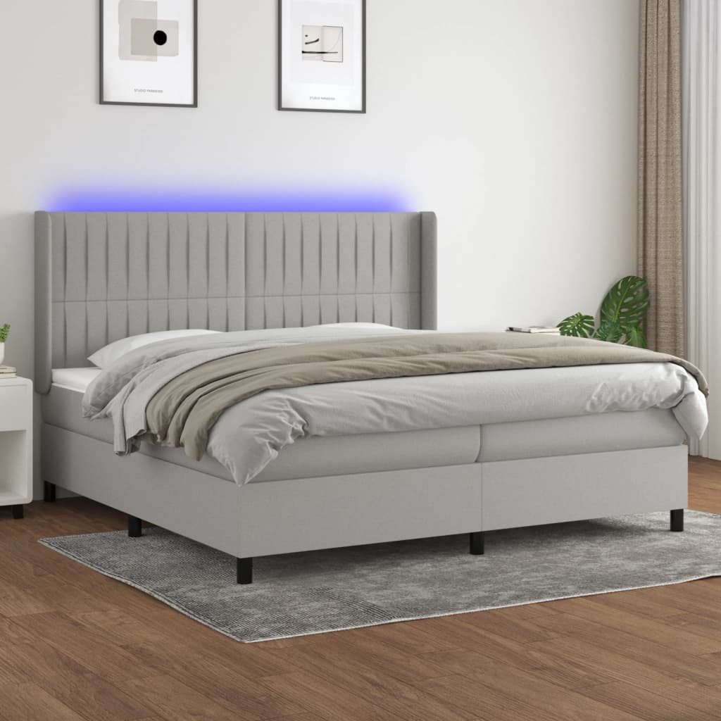 vidaXL Posteľ boxsping s matracom a LED bledosivá 200x200 cm látka
