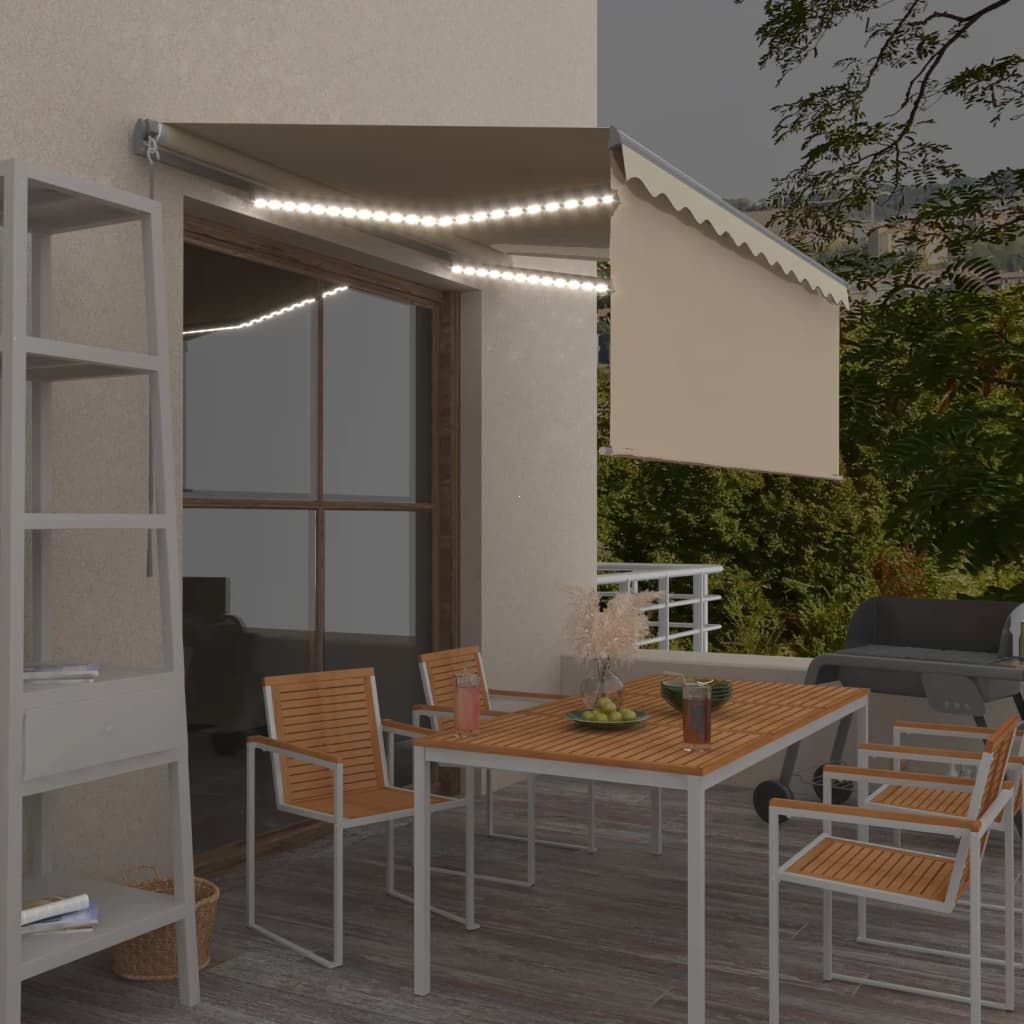 vidaXL Ručne zaťahovacia markíza s tienidlom a LED 3x2,5 m krémová