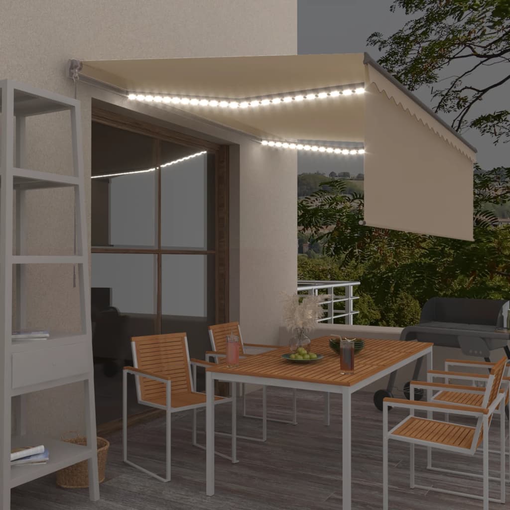vidaXL Ručne zaťahovacia markíza s tienidlom a LED 4x3 m krémová