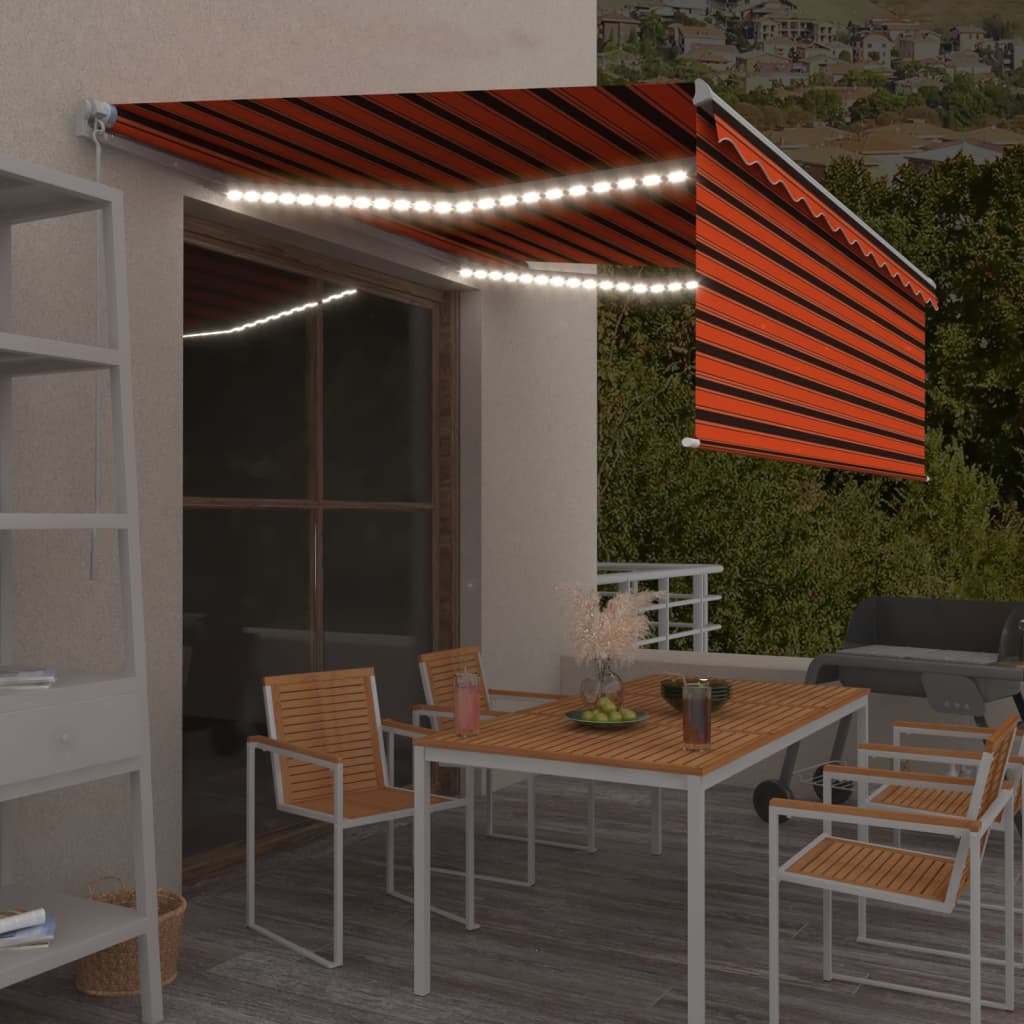 vidaXL Ručne zaťahovacia markíza s tienidlom a LED 4x3m oranžovo-hnedá