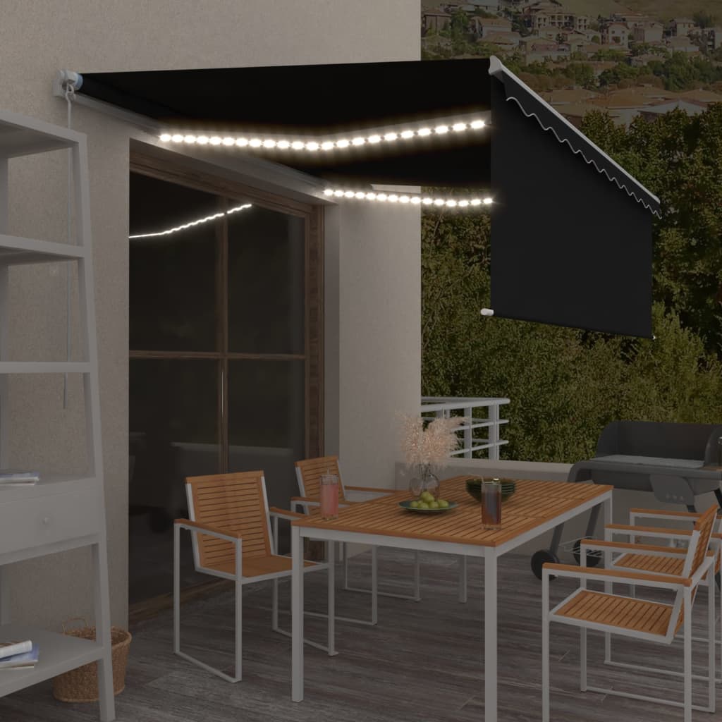 vidaXL Ručne zaťahovacia markíza s tienidlom a LED 4x3 m antracitová