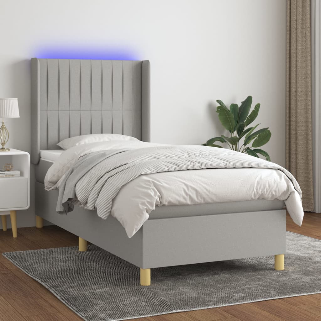 vidaXL Posteľ boxsping s matracom a LED bledosivá 100x200 cm látka