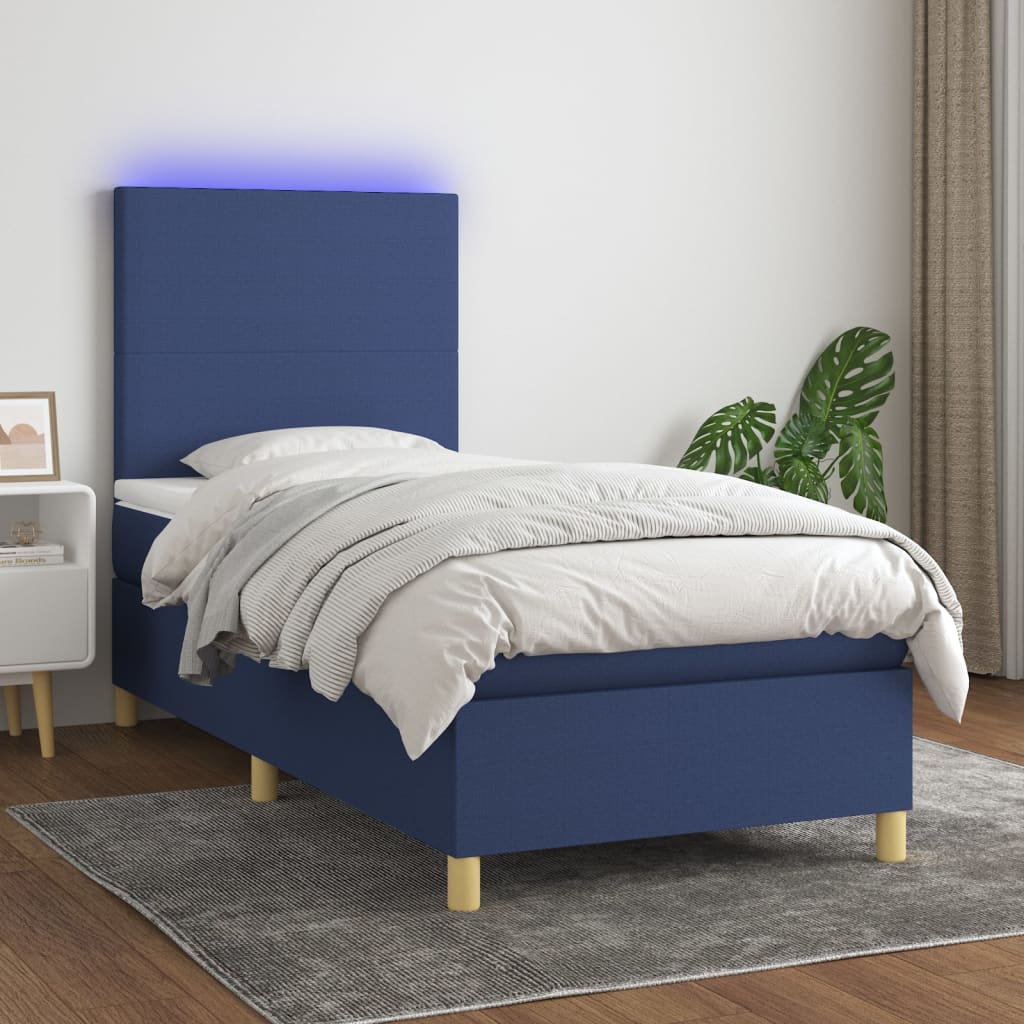 vidaXL Posteľ boxsping s matracom a LED modrá 100x200 cm látka