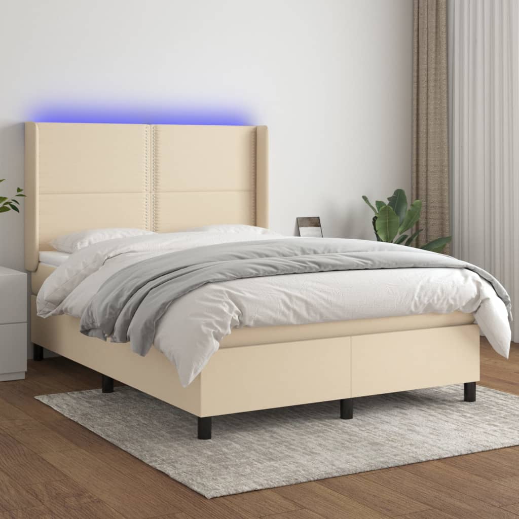 vidaXL Posteľ boxsping s matracom a LED krémová 140x200 cm látka