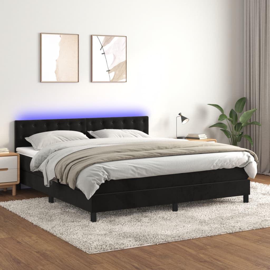 vidaXL Posteľ boxsping s matracom a LED čierna 180x200 cm zamat