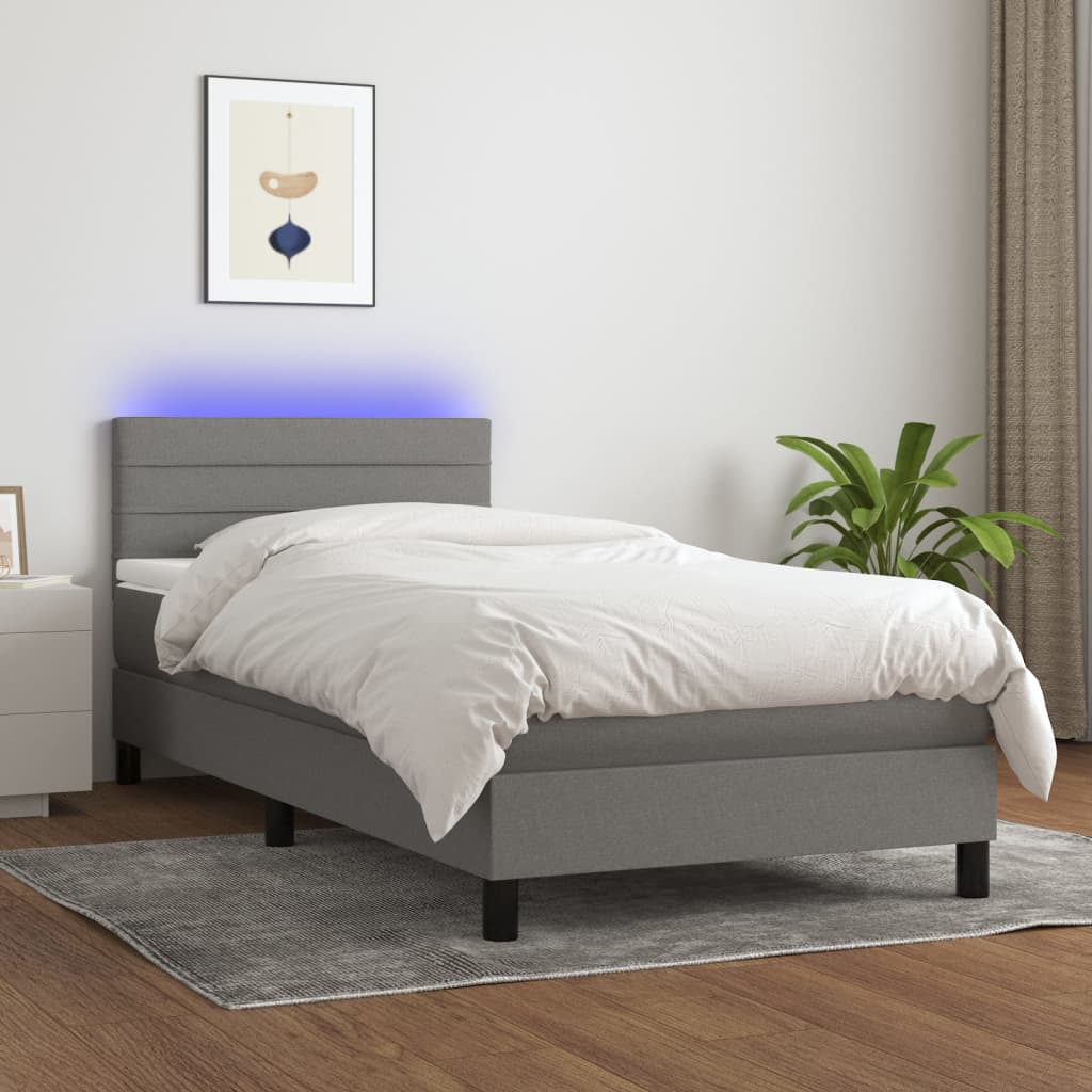 vidaXL Posteľ boxsping s matracom a LED tmavosivá 90x200 cm látka