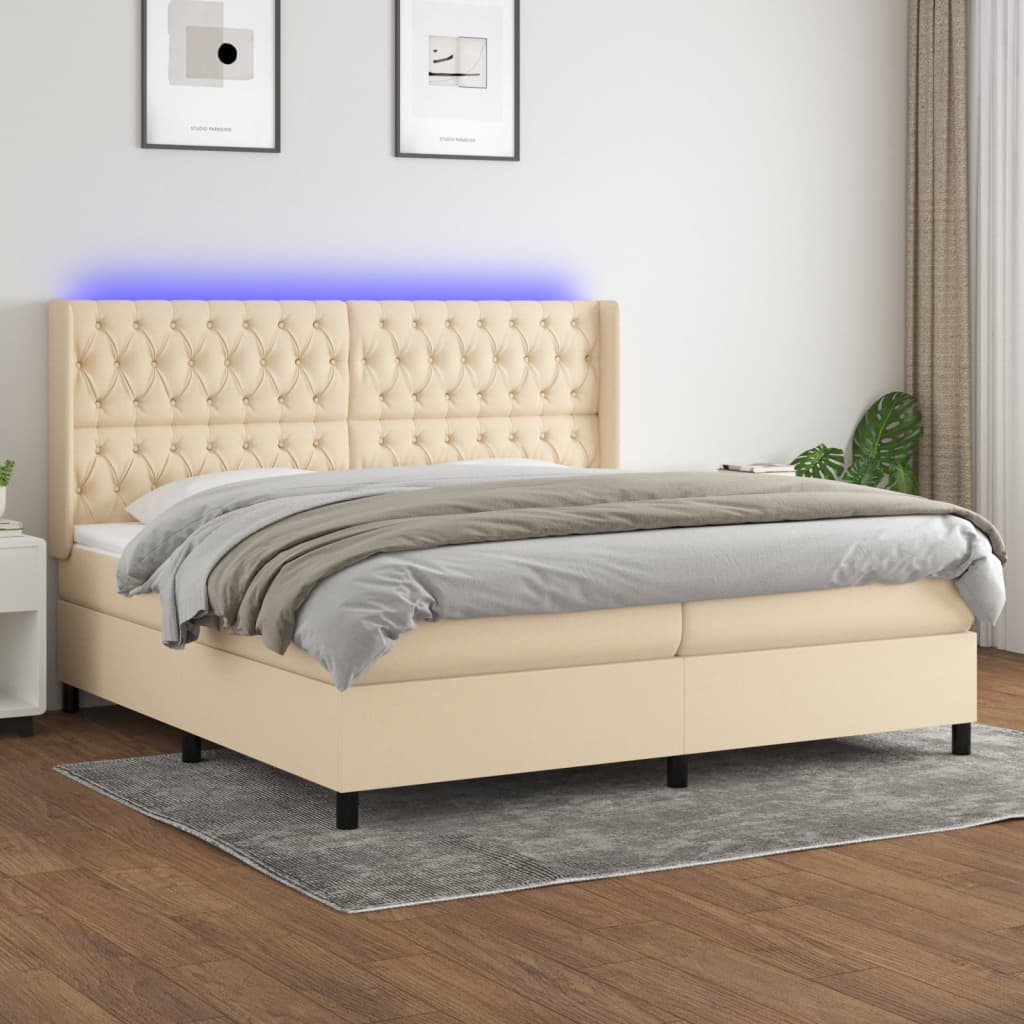 vidaXL Posteľ boxsping s matracom a LED krémová 200x200 cm látka