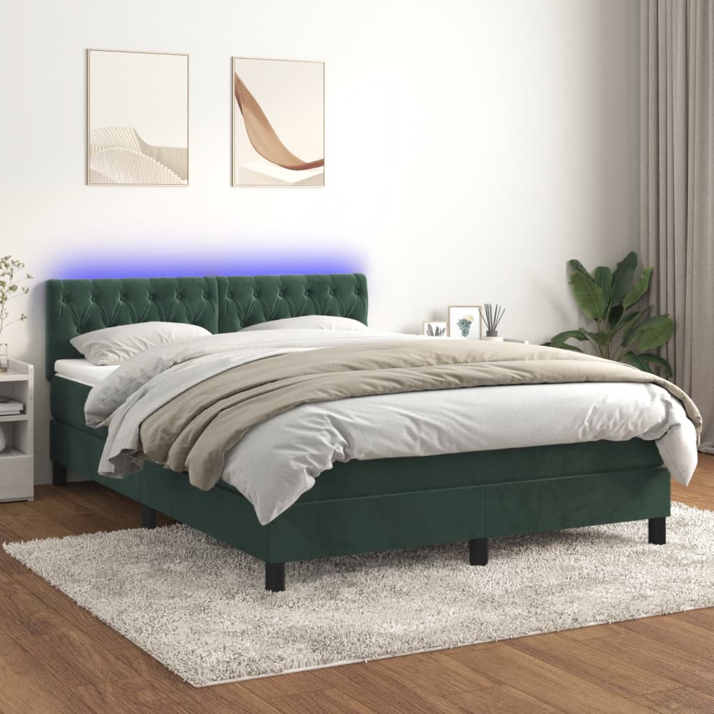 vidaXL Posteľný rám boxsping matrac a LED tmavozelený 140x200 cm zamat