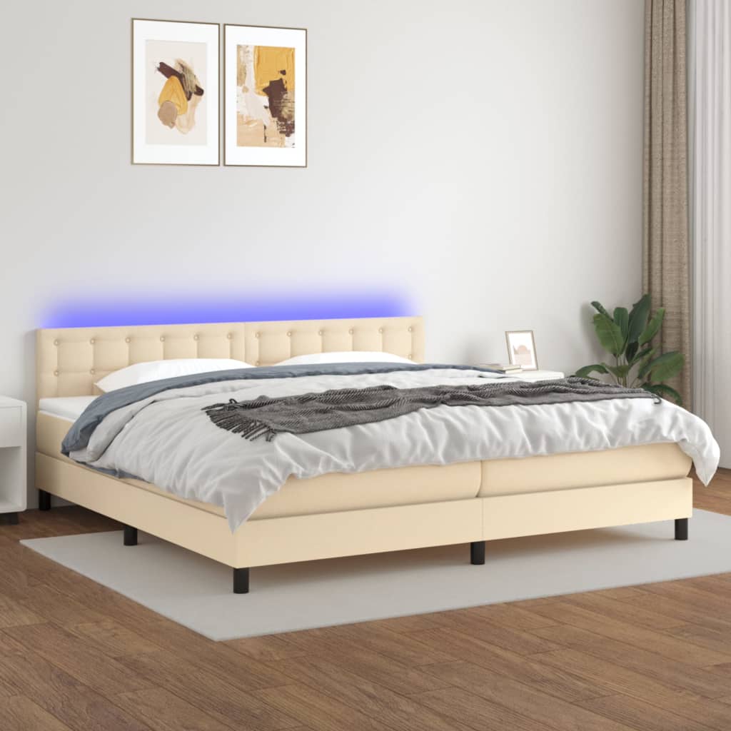 vidaXL Posteľ boxsping s matracom a LED krémová 200x200 cm látka