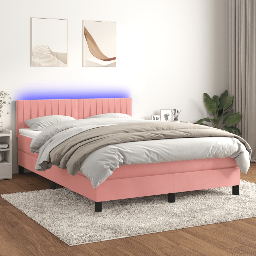 vidaXL Posteľný rám boxsping s matracom a LED ružový 140x200 cm zamat