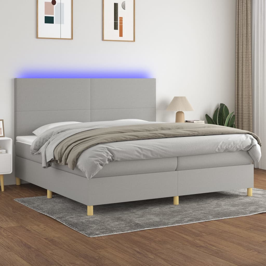 vidaXL Posteľ boxsping s matracom a LED bledosivá 200x200 cm látka