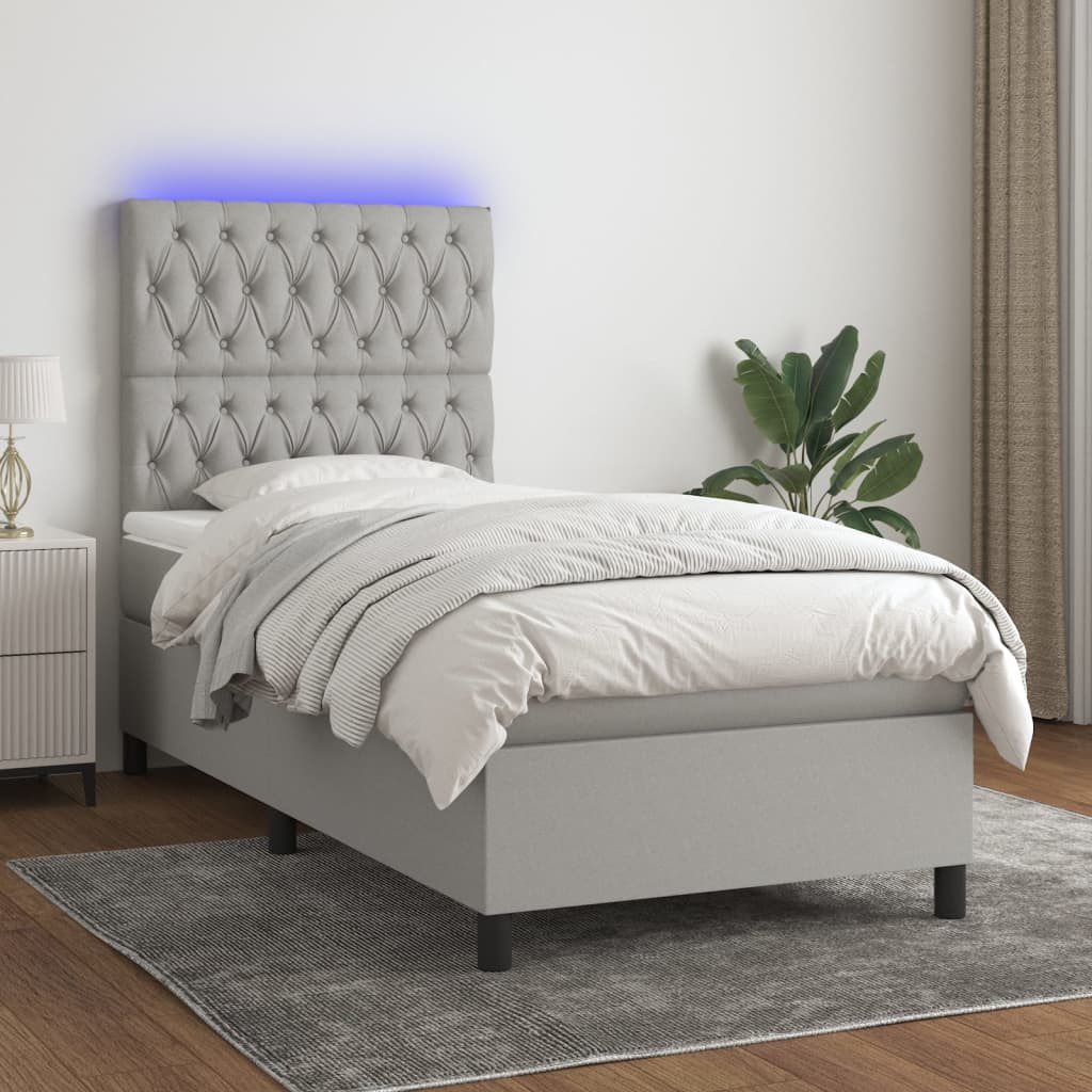 vidaXL Posteľ boxsping s matracom a LED bledosivá 100x200 cm látka