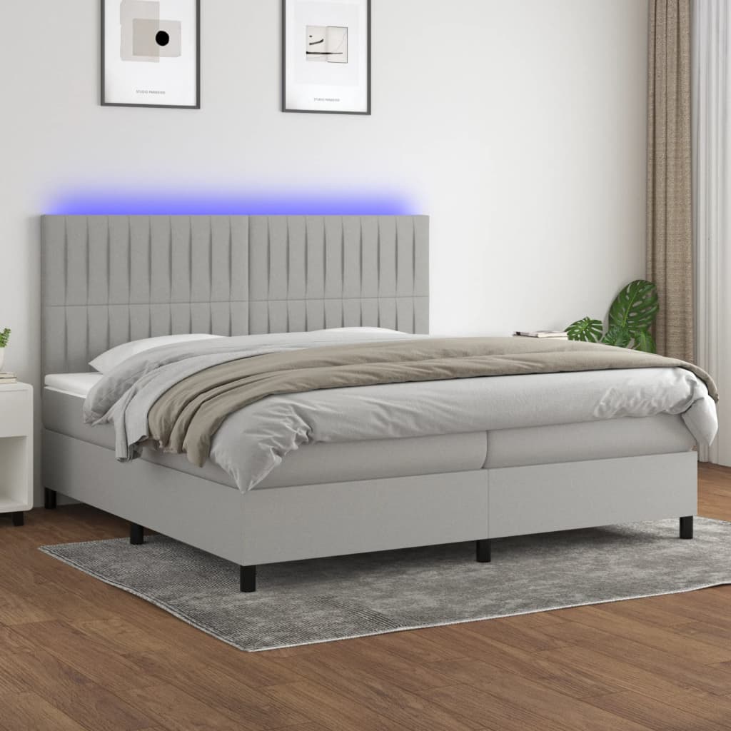 vidaXL Posteľ boxsping s matracom a LED bledosivá 200x200 cm látka