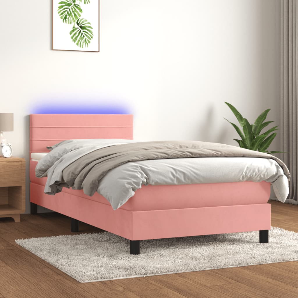vidaXL Posteľný rám boxsping s matracom a LED ružový 90x200 cm zamat