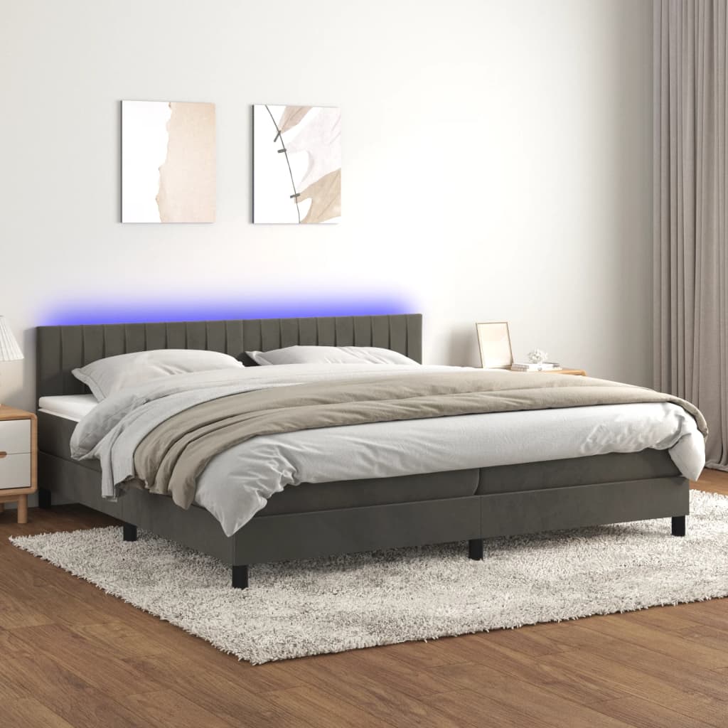 vidaXL Posteľ boxsping s matracom a LED tmavosivá 200x200 cm zamat