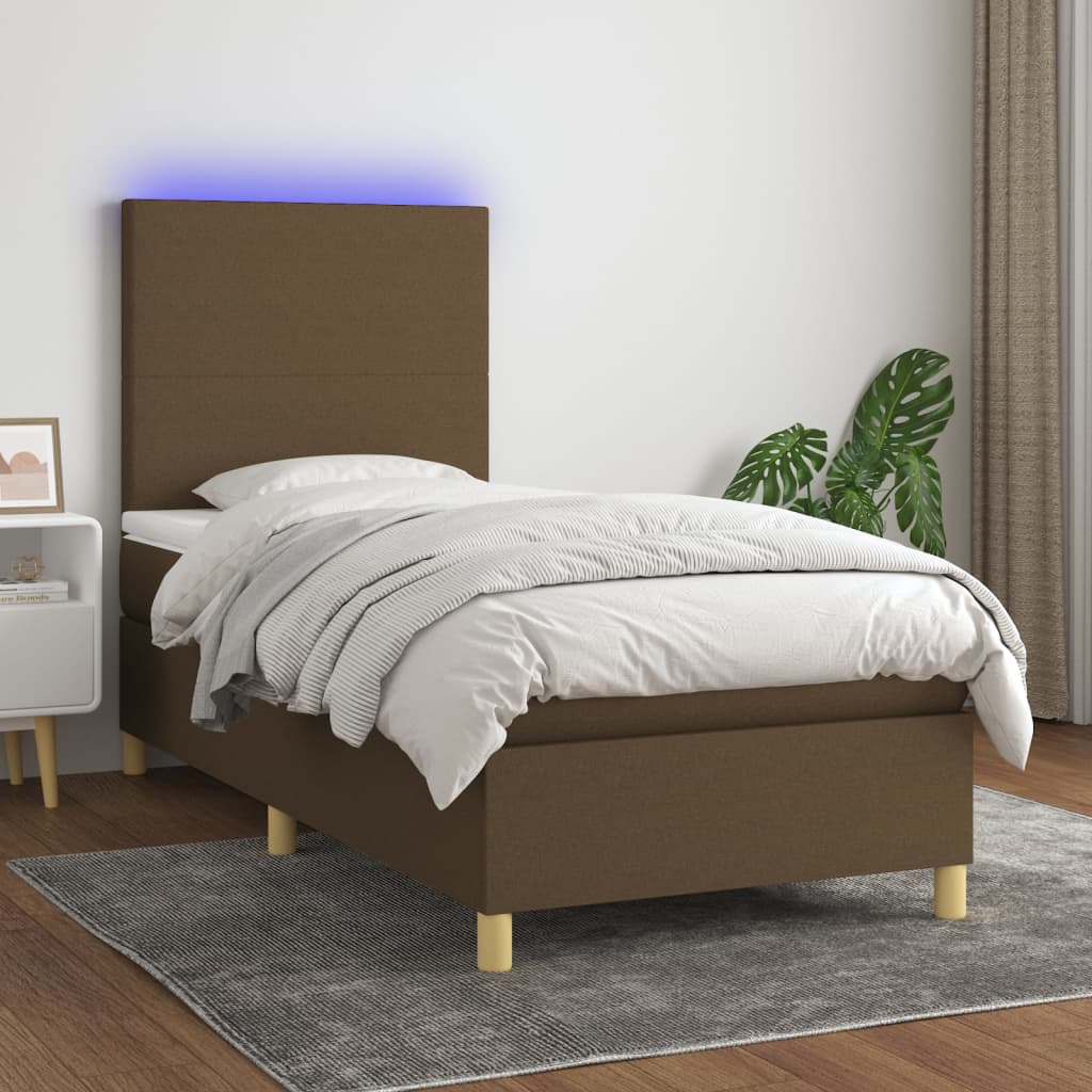 vidaXL Posteľ boxsping s matracom a LED tmavohnedá 100x200 cm látka
