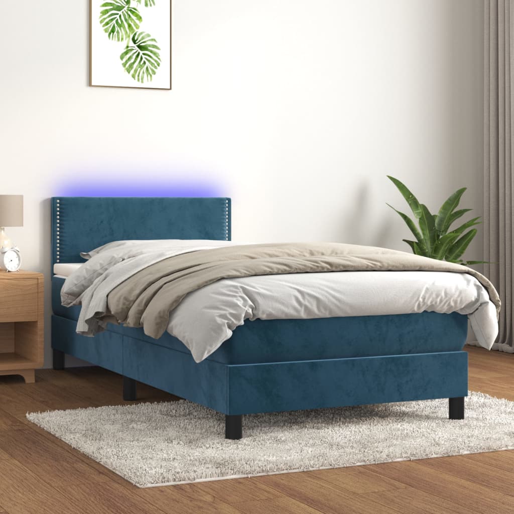 vidaXL Posteľný rám boxsping matrac a LED tmavomodrý 90x200 cm zamat