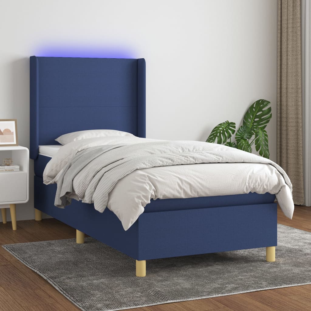 vidaXL Posteľ boxsping s matracom a LED modrá 100x200 cm látka