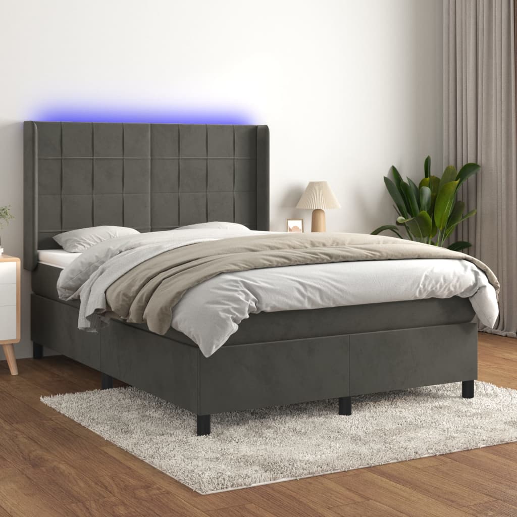 vidaXL Posteľ boxsping s matracom a LED tmavosivá 140x200 cm zamat