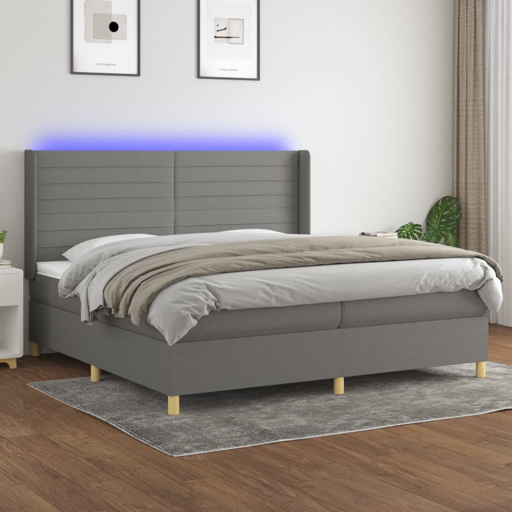 vidaXL Posteľ boxsping s matracom a LED tmavosivá 200x200 cm látka
