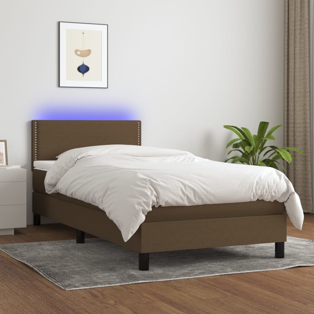 vidaXL Posteľ boxsping s matracom a LED tmavohnedá 90x200 cm látka