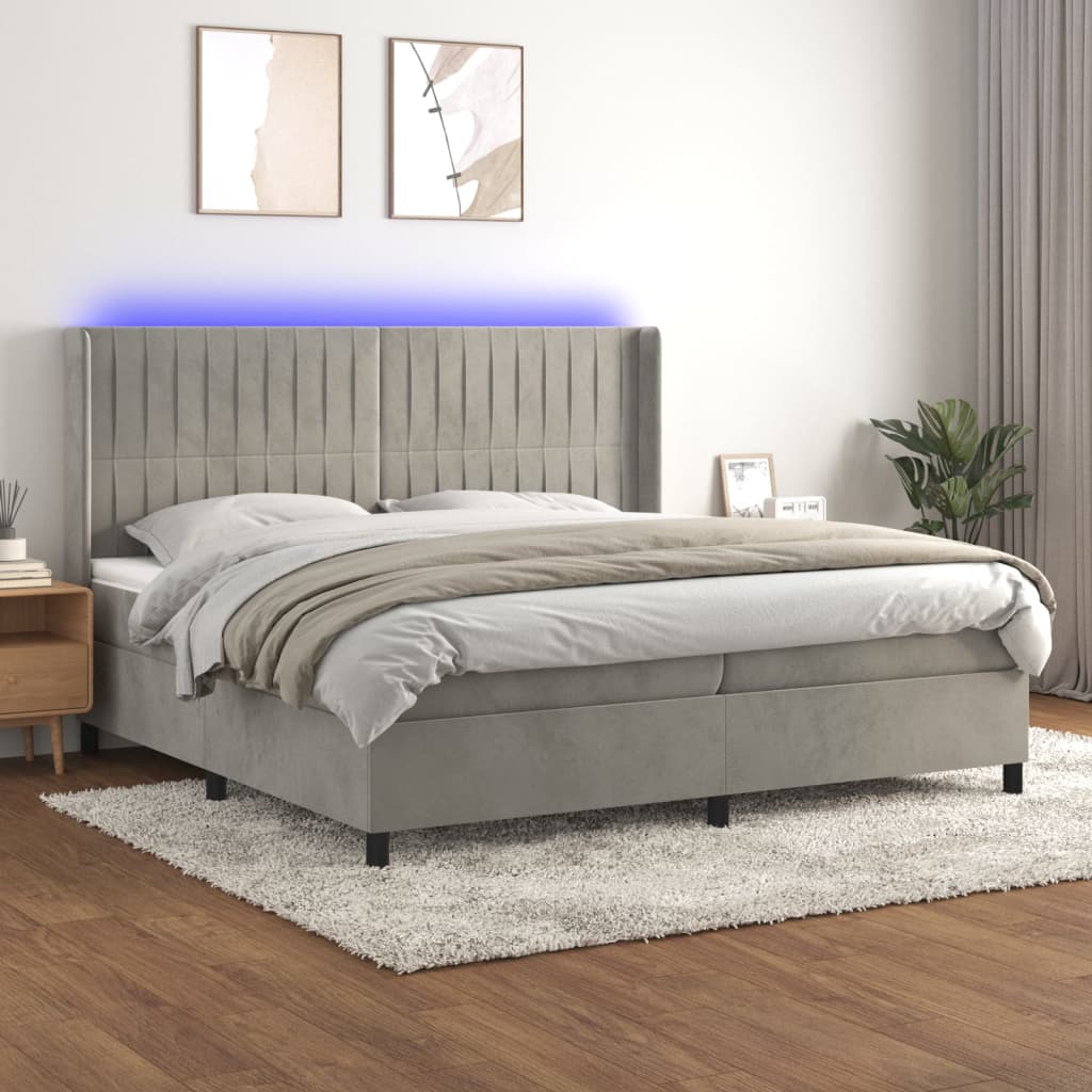 vidaXL Posteľ boxsping s matracom a LED bledosivá 200x200 cm zamat
