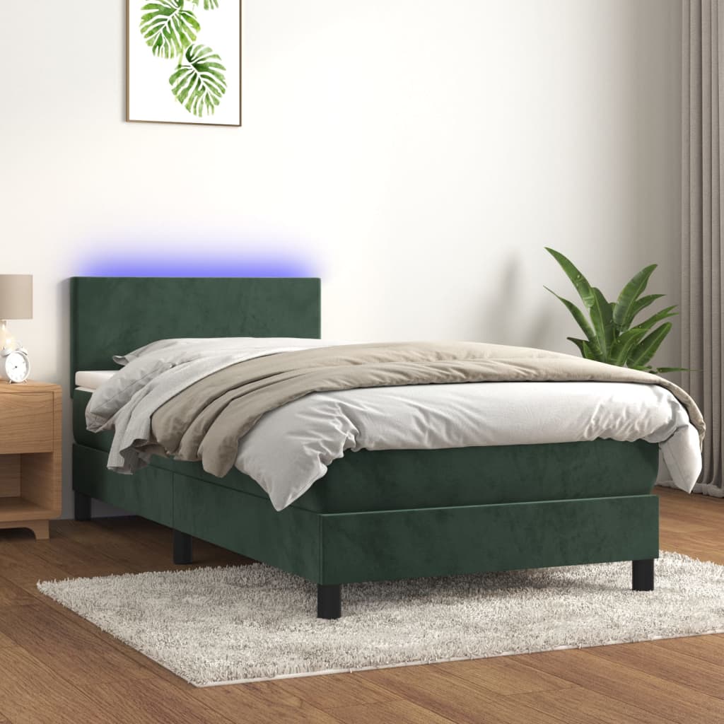 vidaXL Posteľný rám boxsping matrac a LED tmavozelený 100x200 cm zamat
