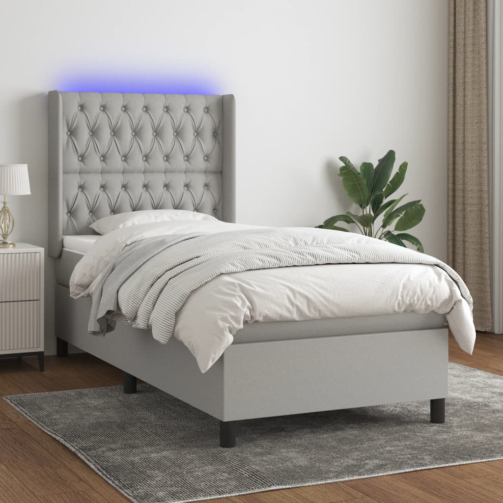 vidaXL Posteľ boxsping s matracom a LED bledosivá 100x200 cm látka